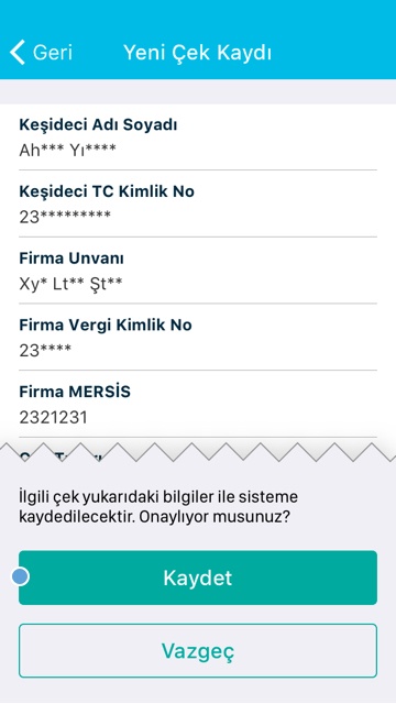 Mobil Uygulama İşlemleri Üye Olmadan Çek Kayıt İşlemi Adım 2