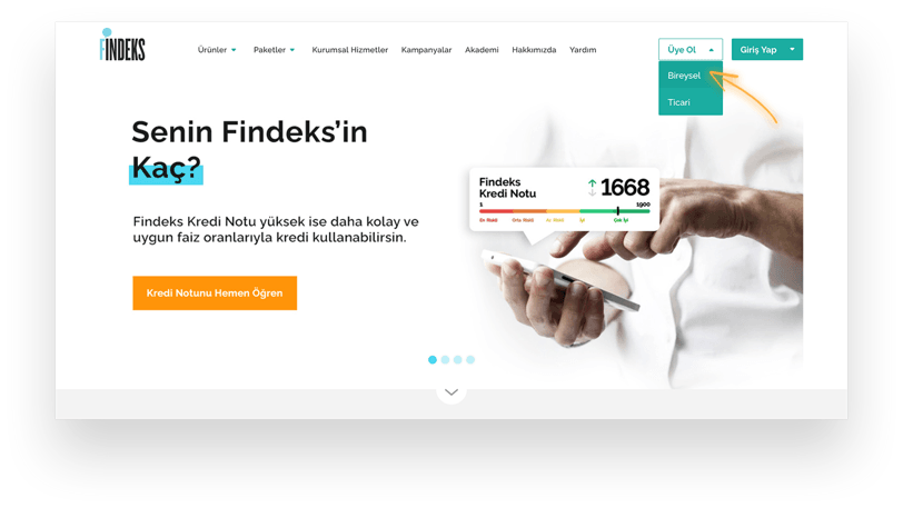 Findeks Bireysel Üyelik Ekranı Adım 1